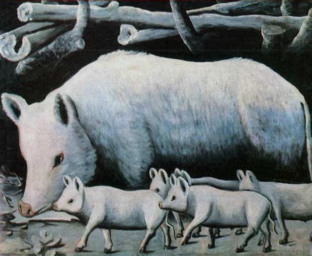White Sow With Piglets